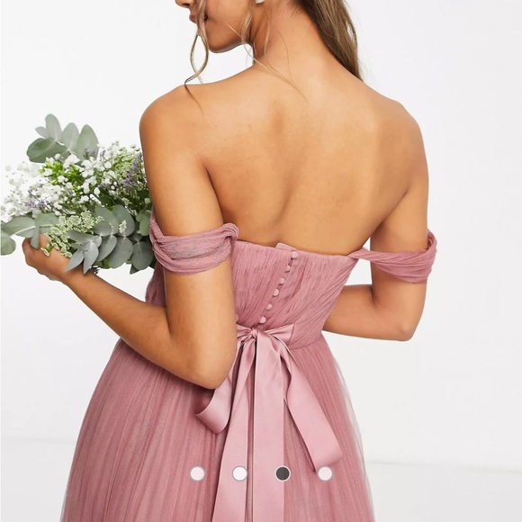 ASOS DESIGN off shoulder tulle maxi dress w/ tie back and pleated skirt in rose - Picture 2 of 4